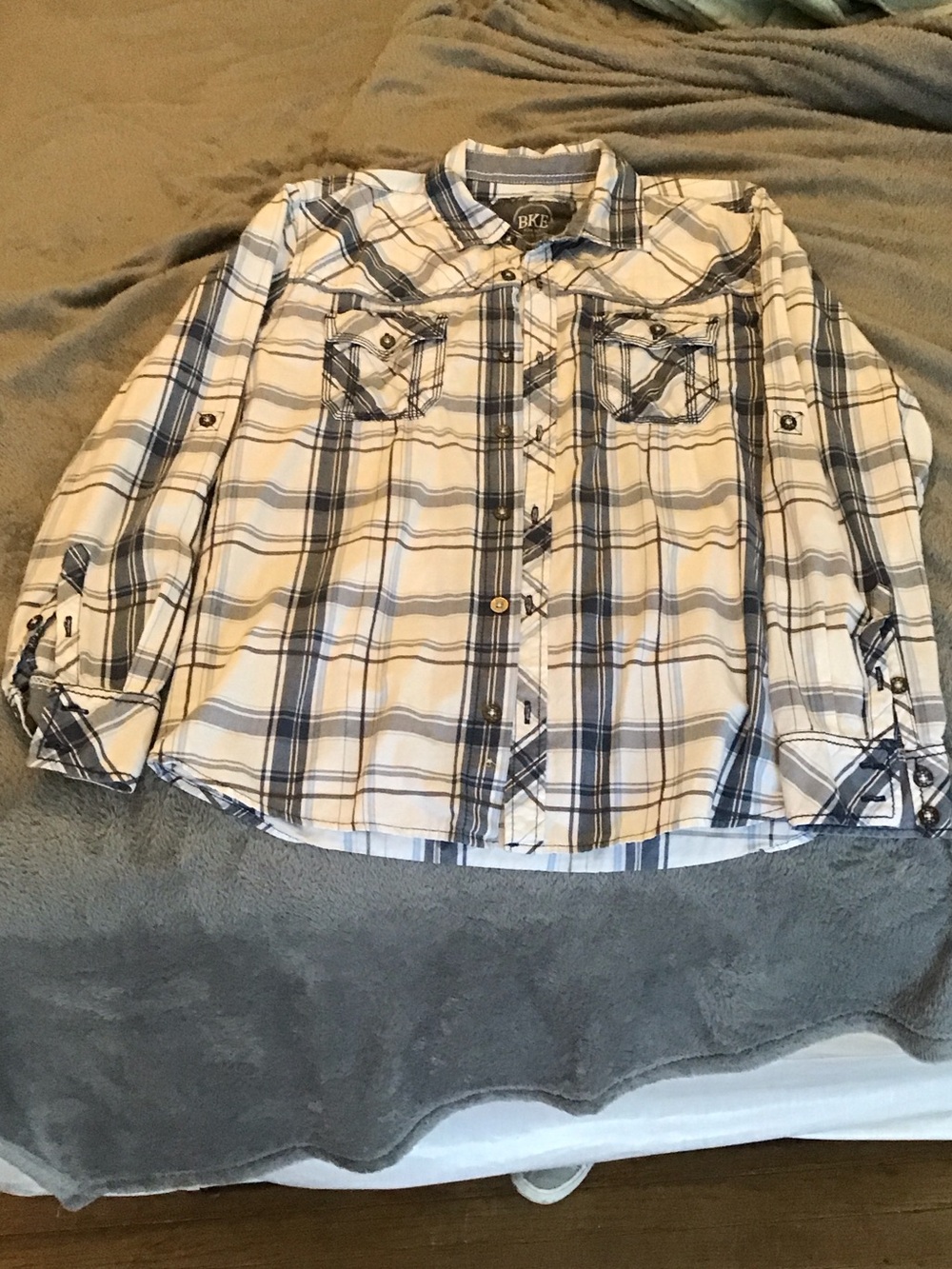 BKE White and Blue Plaid Button-Down Shirt for men.